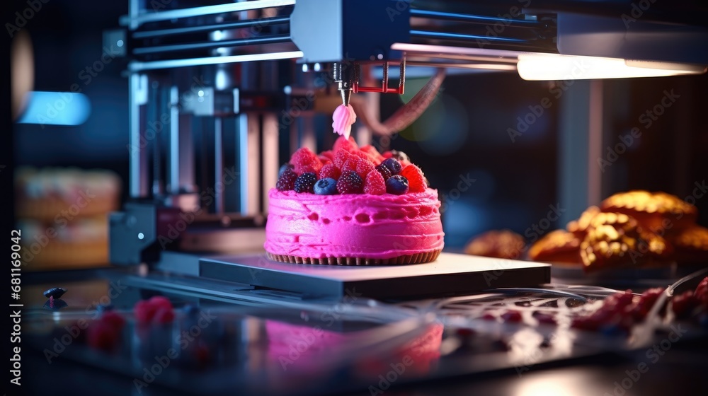 food 3d printer printing a cake with icing and fruits - obrazy, fototapety, plakaty 