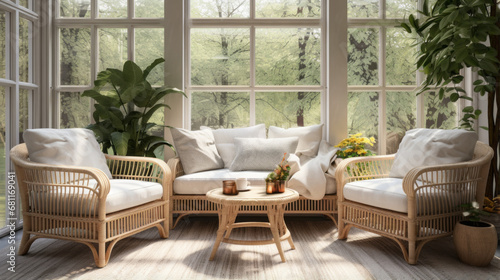 a bright sunroom with large windows and wicker furniture © Textures & Patterns