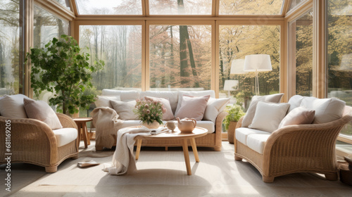 a bright sunroom with a wicker couch and two armchairs facing a window overlooking a garden © Textures & Patterns