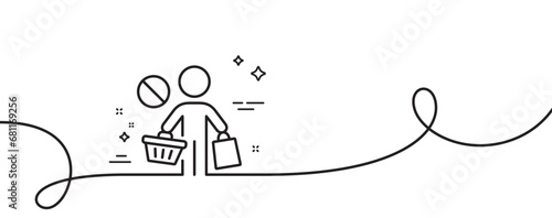 Stop shopping line icon. Continuous one line with curl. No panic buying sign. Man with shopping cart symbol. Stop shopping single outline ribbon. Loop curve pattern. Vector