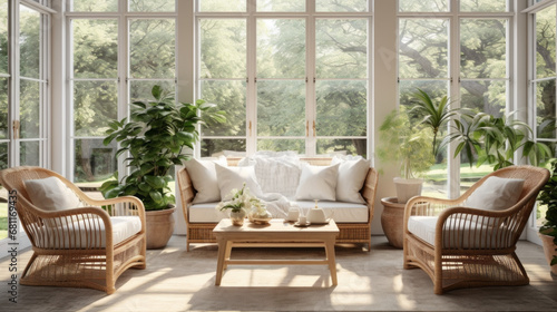 a bright sunroom with a wicker couch and two armchairs facing a window overlooking a garden photo
