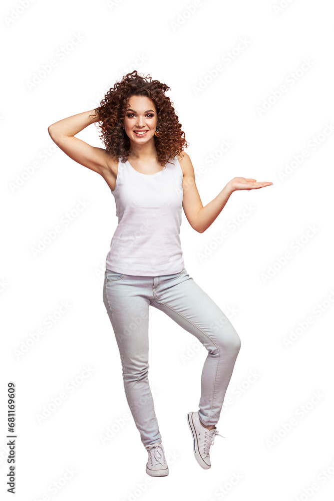 Full length portrait of a smiling woman holding copyspace on the palm isolated on transparent background. Looking at camera. Full length portrait of a smiling woman holding copyspace on the palm isolated on transparent background. Looking at camera.