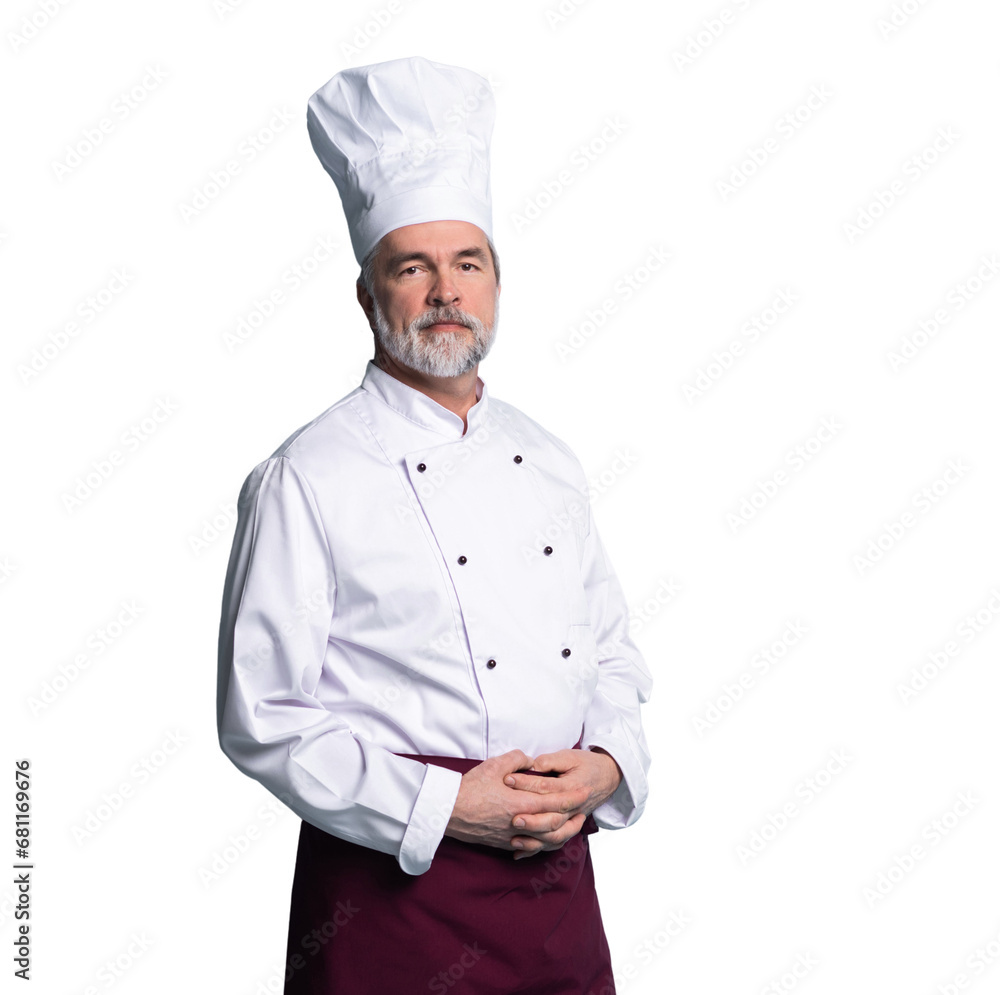Attractive smiling cheerful chef isolated on transparent background