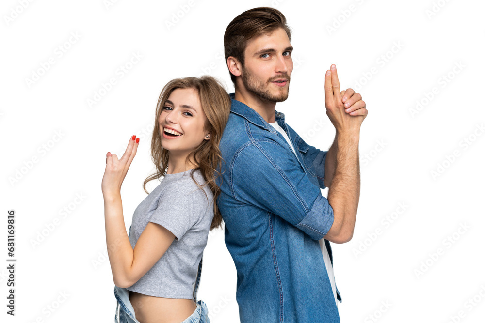 Fototapeta premium Portrait of happy couple isolated on transparent background. Attractive man and woman being playful.