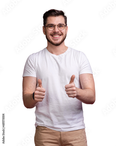 Portrait of a smiling man in glasses showing thumb up on transparent background
