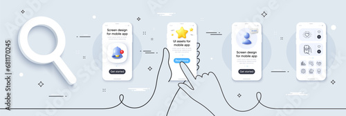 Heart, Inventory and Search people line icons pack. Phone screen mockup with 3d star, alert and chat message. Approved app, Global business, Medical mask web icon. Vector
