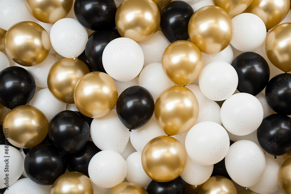 black and gold helium air balloons on white background, celebrate, party. black and gold helium air balloons on white background, celebrate, party.