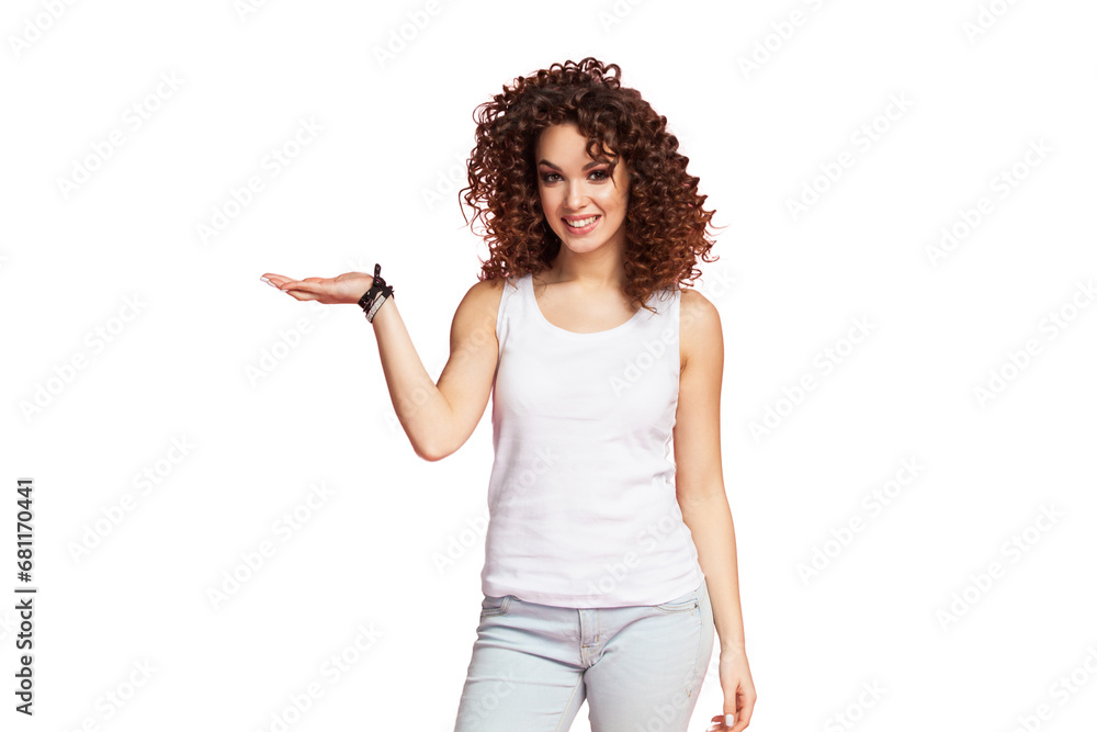 Photo of happy young woman standing isolated over transparent background. Looking camera showing copyspace pointing. Photo of happy young woman standing isolated over transparent background. Looking camera showing copyspace pointing.
