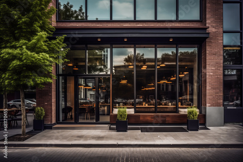 Chic Urban Restaurant with Large Windows, Warm Interior Glow, and Elegant Brick Exterior. photo