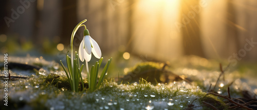 Lone Snowdrop in Soft Sunrise Light on Dewy Morning. photo