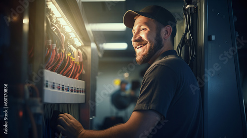 Smiling electrician, handsome and skilled, troubleshoots breaker panel ensuring seamless functionality of electricity supply emphasizing importance of maintaining reliable electricity supply photo