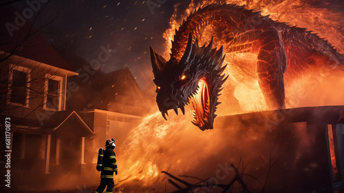 Firefighter bravely confronts sinister fire dragon amidst house fire symbolizing heroic struggle against destructive forces of calamitous blaze, powerful dramatic scene of raging flames © TRAVELARIUM