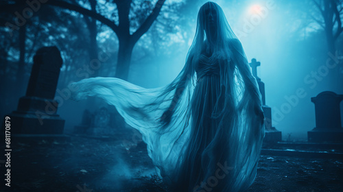 Mysterious female ghost silhouette veiled in translucent fabric emerges from fog in old cemetery among tombstones, creating an otherworldly ambiance and aura of ghostly mystique, scary ghost at night