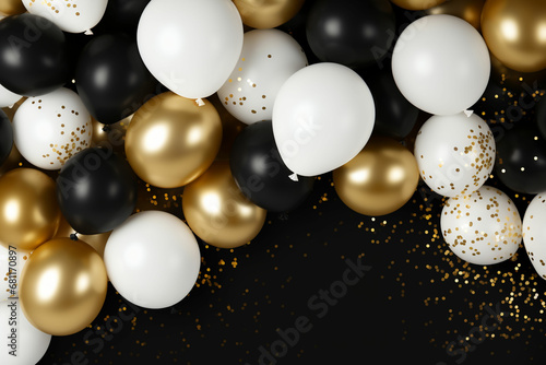 black and gold helium air balloons on white background, celebrate, party.