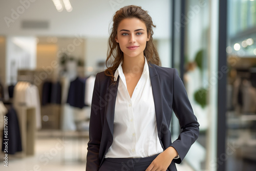 Confident Woman Sales Manager wearing suit and white blouse. Modern Clothing Store in Shopping Mall