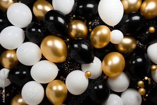 black and gold helium air balloons on white background, celebrate, party.