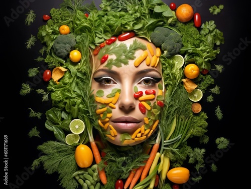 Veggie-face portrait of a woman made with fresh, colorful vegetables. Perfect for healthy living, food & nutrition concepts Illustration Generative AI