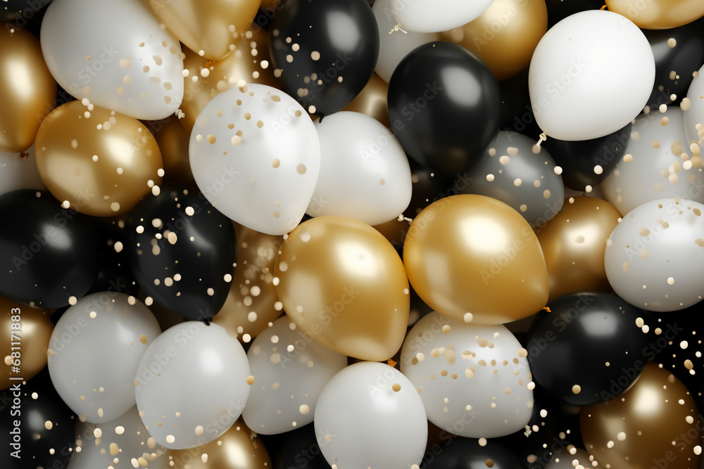 black and gold helium air balloons on white background, celebrate, party. black and gold helium air balloons on white background, celebrate, party.