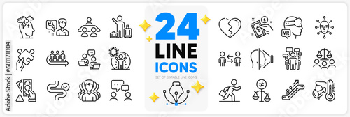 Icons set of Broken heart, Teamwork and Puzzle line icons pack for app with People chatting, Stress, Augmented reality thin outline icon. Queue, Coronavirus protection, Escalator pictogram. Vector