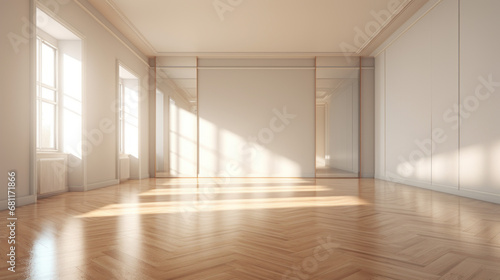 a bright hallway with white walls and wooden floors and a large mirror