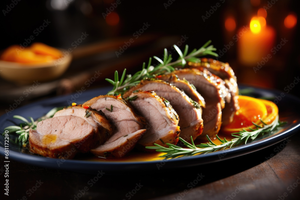 Pork tenderloin with apricots, oranges and rosemary on the plate close up Pork tenderloin with apricots, oranges and rosemary on the plate close up