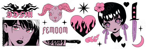 Set of tattoo line art stickers with anime girls, fire, flame, ram head, heart and other elements in trendy weirdcore manga retro Y2K kawaii style. Vector hand drawn print in black and white colors.