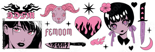 Set of tattoo line art stickers with anime girls, fire, flame, ram head, heart and other elements in trendy weirdcore manga retro Y2K kawaii style. Vector hand drawn print in black and white colors. photo