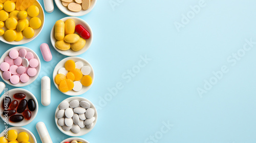 A tablet capsule in the bowl copy space on blue isolated background