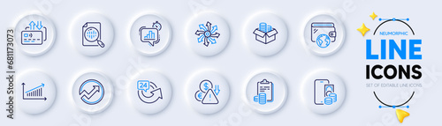 Card, Deflation and 24 hours line icons for web app. Pack of Accounting, Audit, Wallet pictogram icons. Phone pay, Money box, Versatile signs. Analytics chart, Chart, Statistics timer. Vector