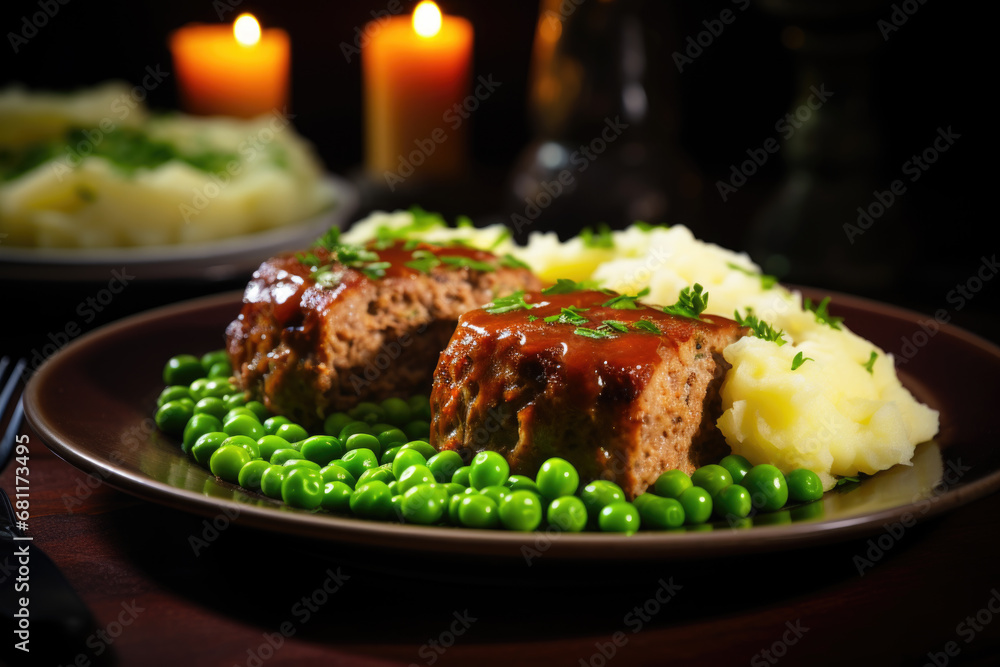 Li'l Cheddar Meat Loaves with peas and mashed potatoes on the plate close up Li'l Cheddar Meat Loaves with peas and mashed potatoes on the plate close up