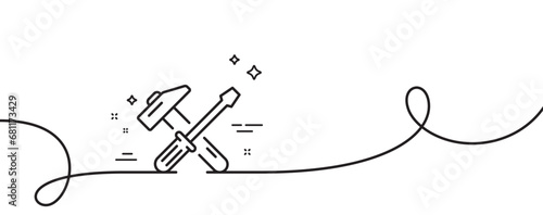 Hammer and screwdriver line icon. Continuous one line with curl. Repair service sign. Fix instruments symbol. Hammer tool single outline ribbon. Loop curve pattern. Vector