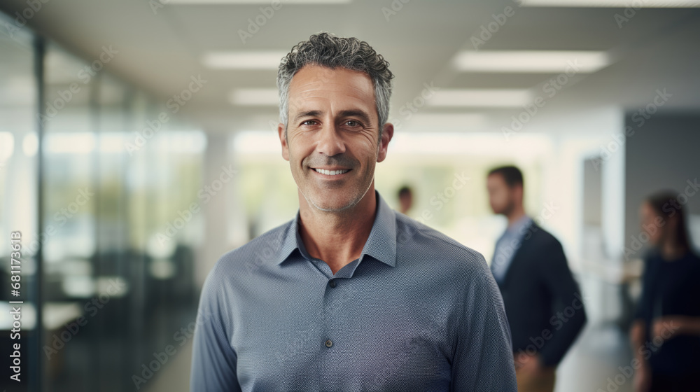 Obraz premium Smiling businessman standing in front of team in the office