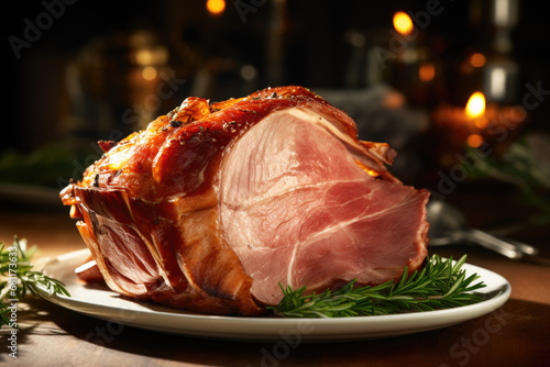 Glazed ham with rosemary and spices on the plate close up