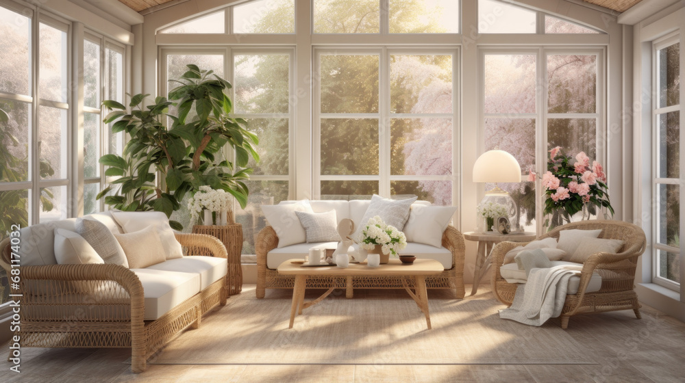 a bright and airy sunroom with wooden flooring and wicker furniture and large windows a bright and airy sunroom with wooden flooring and wicker furniture and large windows