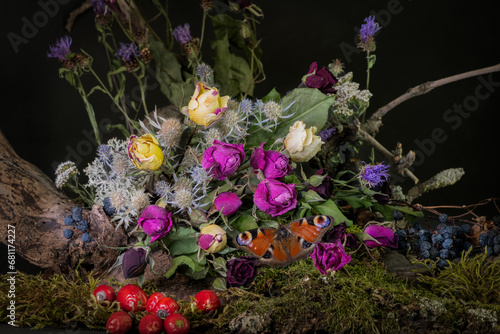 Autumn flowers. Floristics. Composition of dry autumn flowers  berries  leaves.