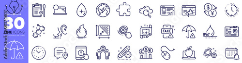 Notification, Electricity and Puzzle line icons pack. Currency rate, Time, Web report web icon. Risk management, Gears, Seo marketing pictogram. Recovery laptop, Time management. Vector