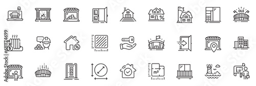 Icons pack as Floor plan, Furniture and Balcony line icons for app include Entrance, Circle area, Buying house outline thin icon web set. Arena stadium, Buildings, House security pictogram. Vector