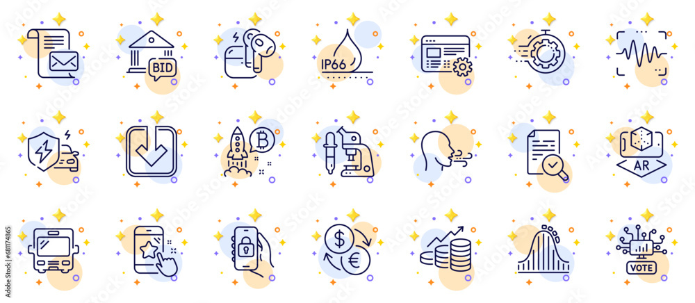 Outline set of Voice wave, Bus and Bitcoin project line icons for web app. Include Waterproof, Star rating, Roller coaster pictogram icons. Mail letter, Car charging, Breathing exercise signs. Vector Outline set of Voice wave, Bus and Bitcoin project line icons for web app. Include Waterproof, Star rating, Roller coaster pictogram icons. Mail letter, Car charging, Breathing exercise signs. Vector