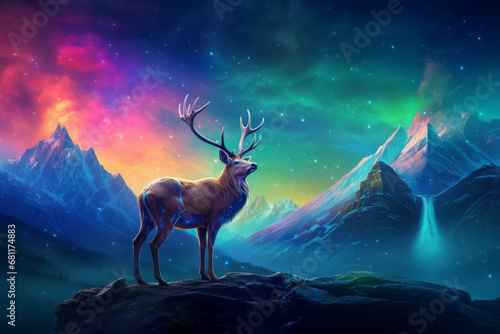 Christmas reindeer standing on a mountain with colorful neon lights. New year holiday concept.
