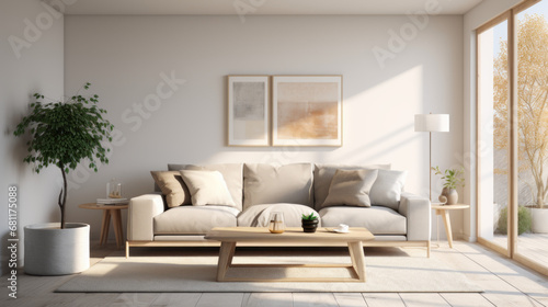 a bright and airy room with light beige walls A plush grey couch sits in the center of the room with a white coffee table in front of it A large picture window allows plenty of natural light in © Textures & Patterns