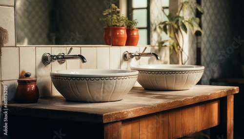 Elegant White Bowls on a Rustic Wooden Counter