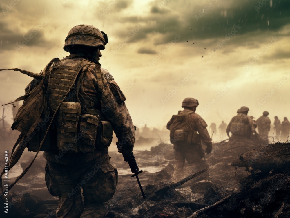 soldiers on the battlefield in world war ii, no visible faces. dusty background Illustration Generative AI soldiers on the battlefield in world war ii, no visible faces. dusty background Illustration Generative AI