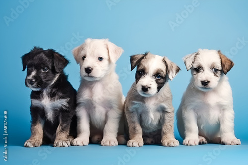 Lots of dogs in the group. Puppies. blue background