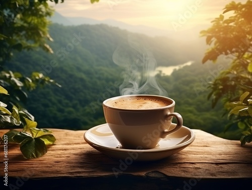 A cup of coffee in a beautiful natural setting. international coffee day concept Illustration Generative AI