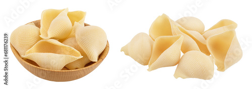 Conchiglioni italian pasta in wooden bowl isolated on white background with full depth of field
