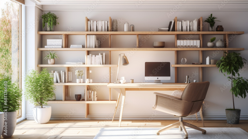 a bright and airy home office with a large wooden desk and a comfortable armchair and several shelves filled with various supplies a bright and airy home office with a large wooden desk and a comfortable armchair and several shelves filled with various supplies
