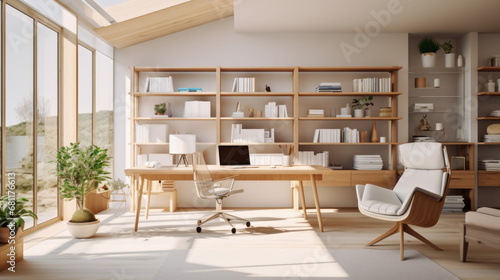 a bright and airy home office with a large wooden desk and a comfortable armchair and several shelves filled with various supplies © Textures & Patterns