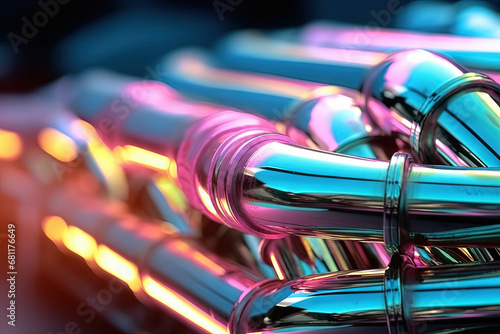 Abstract chrome pipes composition. Industry themed background with shiny metallic connected pipes.