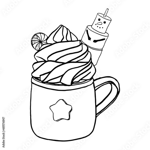 Hot drink chocolate cup with whipped cream and Christmas marshmallow snowman, chocolate candies. Graphics vector illustration coffee mug cute design. Winter season warm cocoa bar menu
