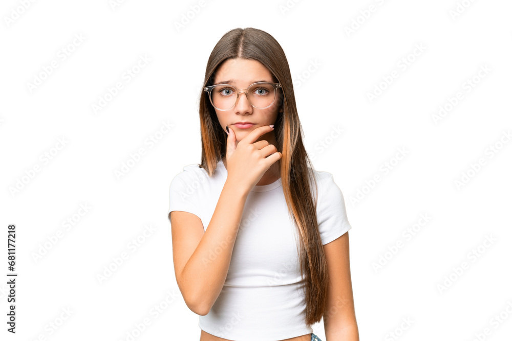 Teenager caucasian girl over isolated background having doubts Teenager caucasian girl over isolated background having doubts